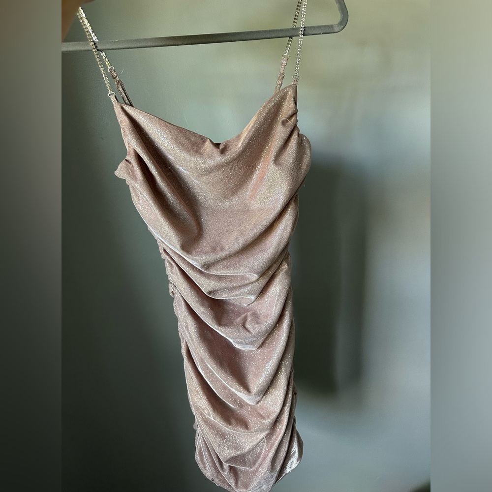 AKIRA light pink glitter embellished mini dress